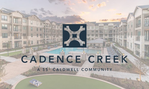 Cadence Creek at Towne Lake logo and view of a pool and buildings