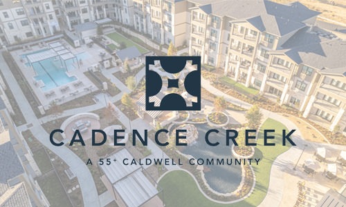 Cadence Creek at Gosling logo and aerial view of pool and buildings