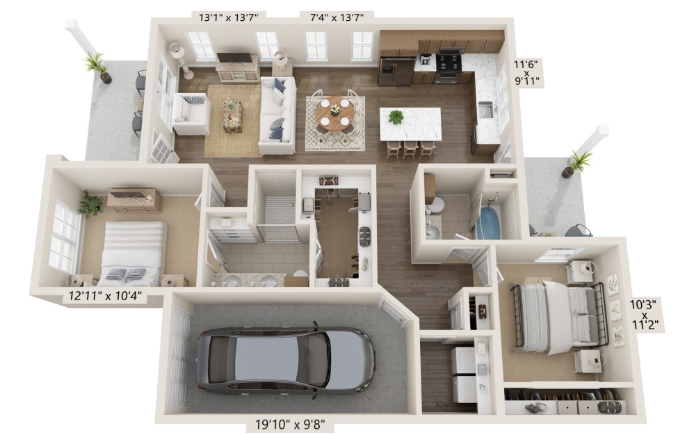 Oak - 2 bedroom floorplan layout with 2 baths and 1112 square feet.