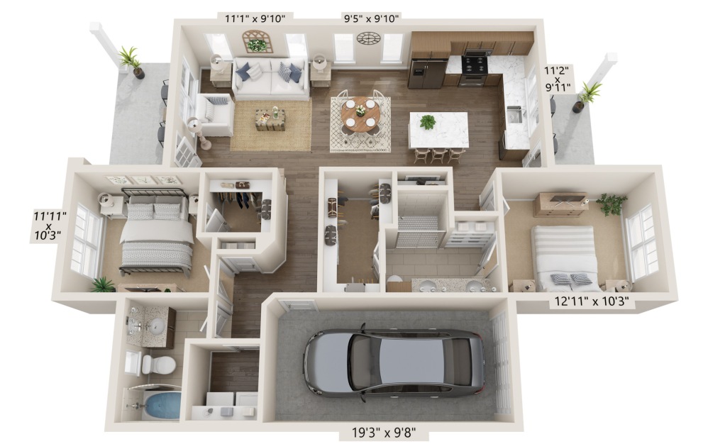 Cypress - 2 bedroom floorplan layout with 2 baths and 1120 square feet.