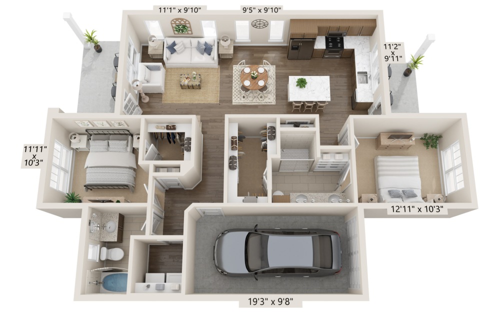 Cypress - 2 bedroom floorplan layout with 2 bathrooms and 1118 square feet