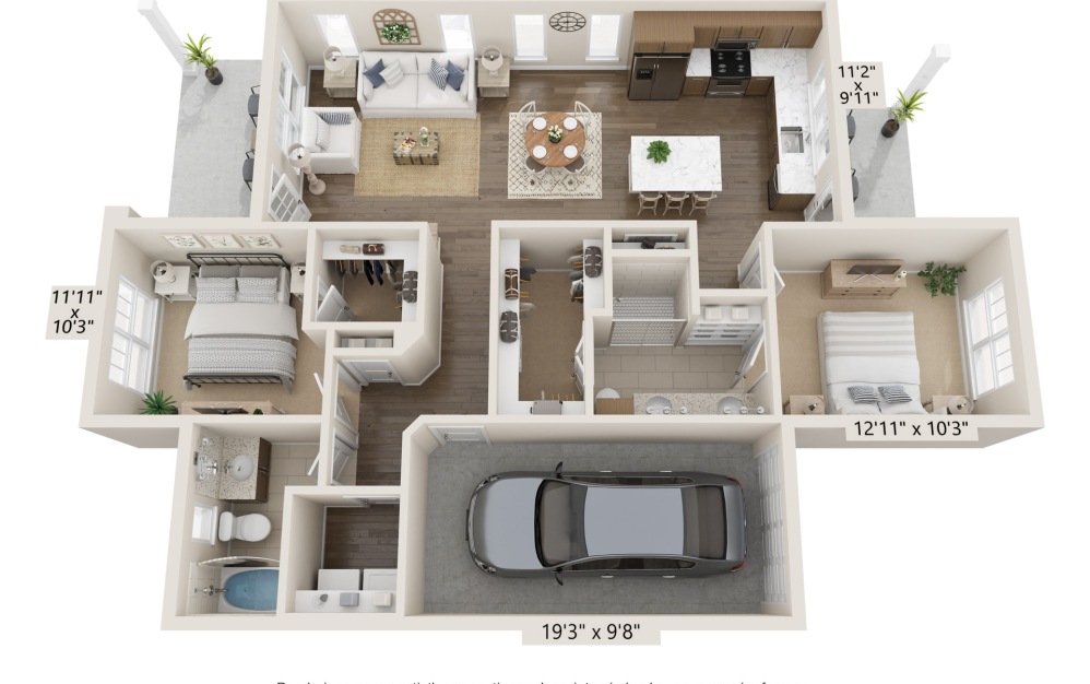 Cypress - 2 bedroom floorplan layout with 2 bathrooms and 1120 square feet