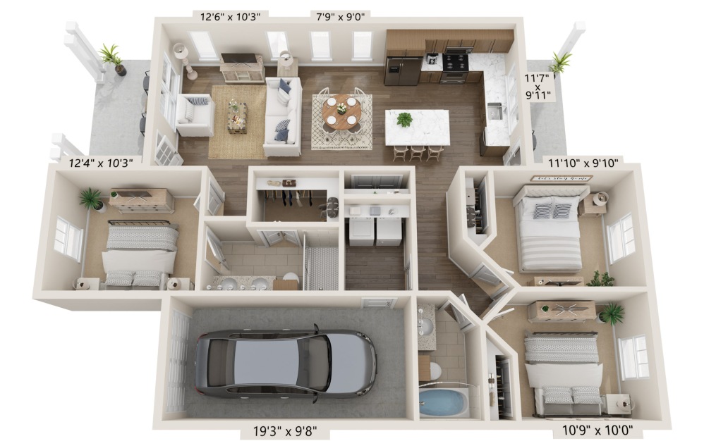 Magnolia - 3 bedroom floorplan layout with 2 baths and 1169 square feet.