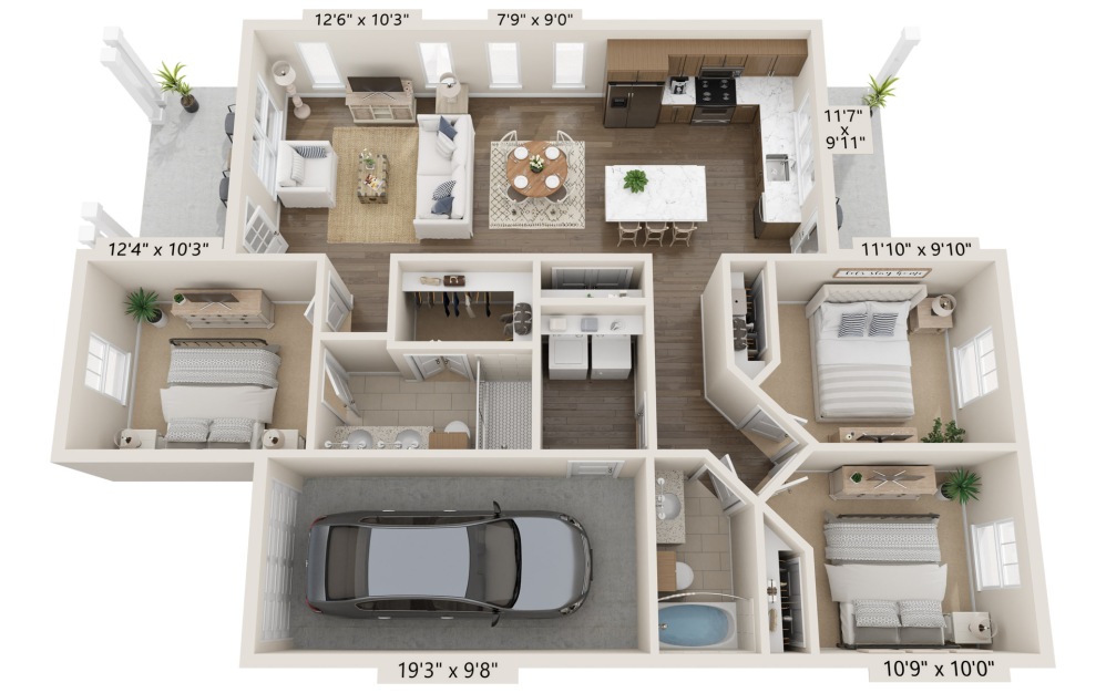 Magnolia - 3 bedroom floorplan layout with 2 bathrooms and 1194 square feet