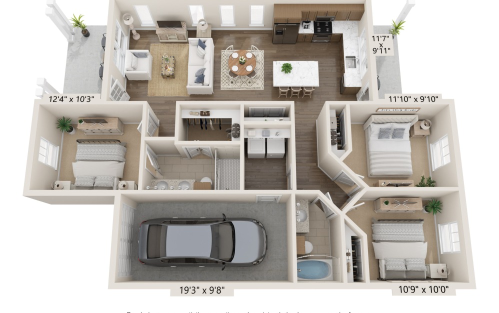 Magnolia - 3 bedroom floorplan layout with 2 bathrooms and 1169 square feet