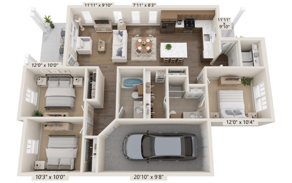 Sage - 3 bedroom floorplan layout with 2 bathrooms and 1206 square feet
