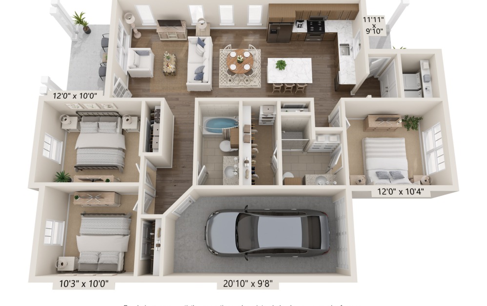 Sage - 3 bedroom floorplan layout with 2 bathrooms and 1200 square feet