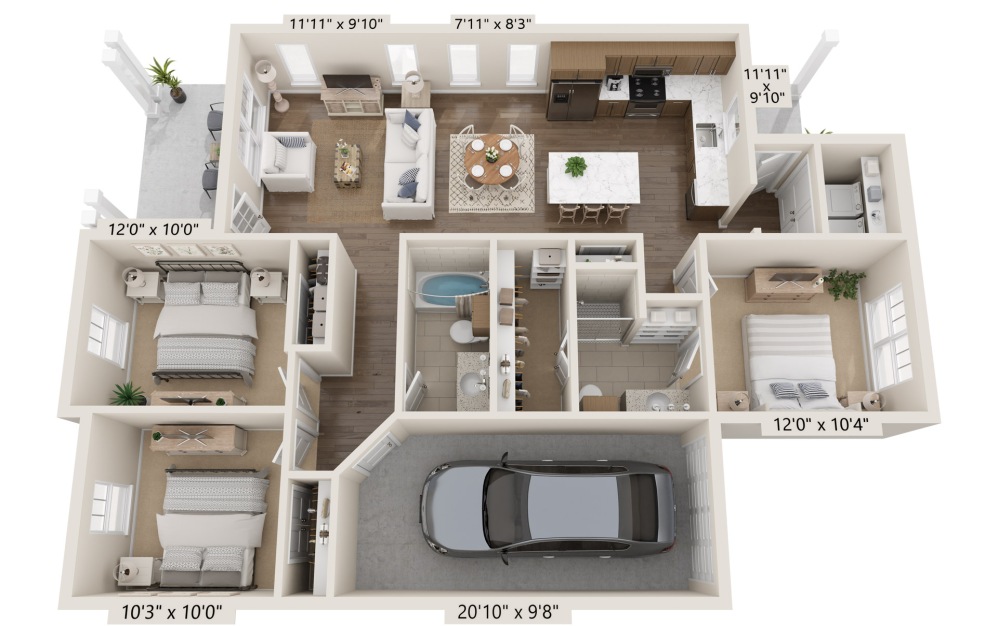 Sage - 3 bedroom floorplan layout with 2 baths and 1200 square feet.