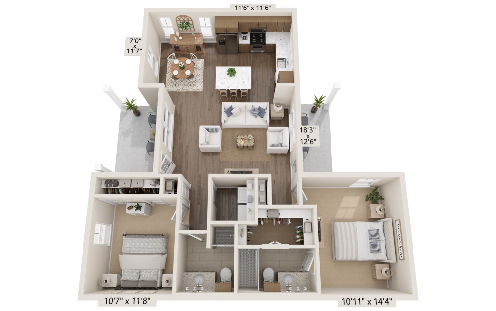 Cedar - 2 bedroom floorplan layout with 2 bathrooms and 1112 square feet
