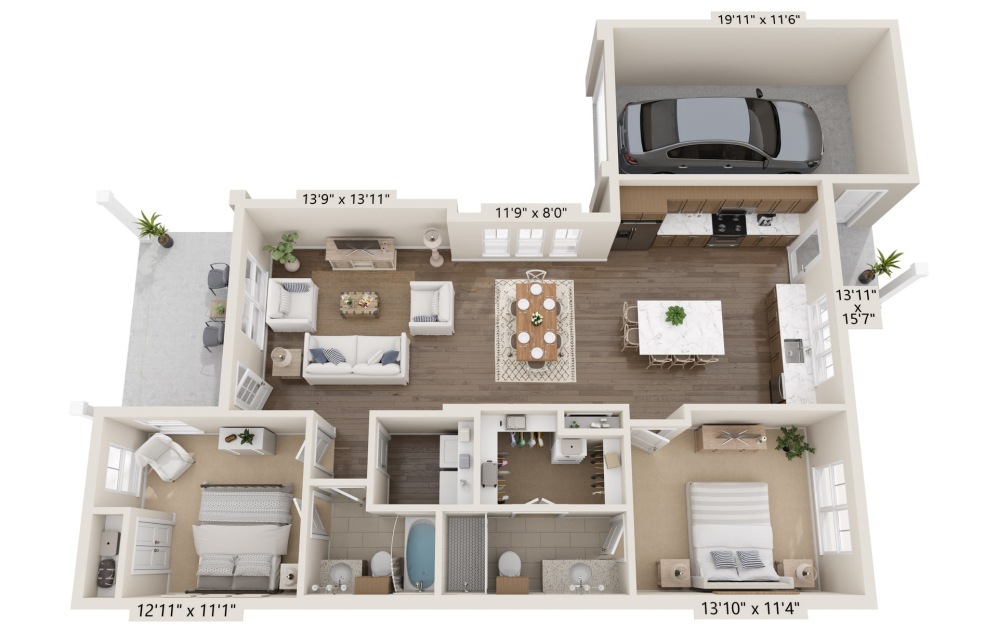 Olive - 2 bedroom floorplan layout with 2 bathrooms and 1108 square feet