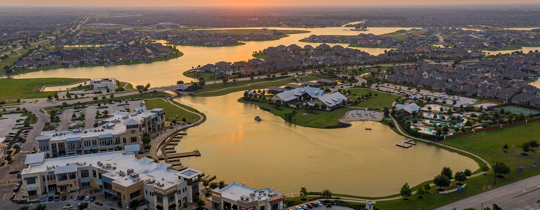 Aerial view of the area with a lake 